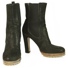 Prada-Prada Black Leather Pull On Kalb Stiefeletten Stiefel Absätze Schuhe Größe 36.5-Schwarz
