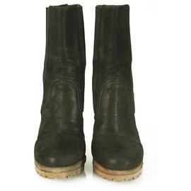 Prada-Prada Black Leather Pull On Kalb Stiefeletten Stiefel Absätze Schuhe Größe 36.5-Schwarz