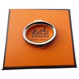 Hermès-anneau de foulard hermès modéle kyoto en acier permabrass et cuir-Bijouterie dorée