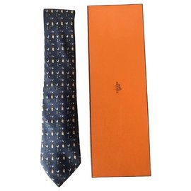 Hermès-Gravata Hermes em seda azul-Azul
