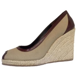 Fendi-Peeptoes from leather and canvas-Brown,Beige
