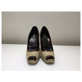 Fendi-Peeptoes from leather and canvas-Brown,Beige