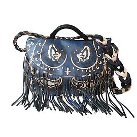 Red Valentino VALENTINO VERMELHO Azul, Bolsa de couro estampado com bandana preta e marfim com franjas Preto Azul Ébano