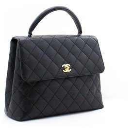 Chanel-Bolso de mano CHANEL Caviar Cuero con solapa negra Herrajes dorados-Negro