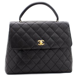 Chanel-CHANEL Caviar Handtasche Tasche Schwarzes Klappenleder Goldbeschläge-Schwarz