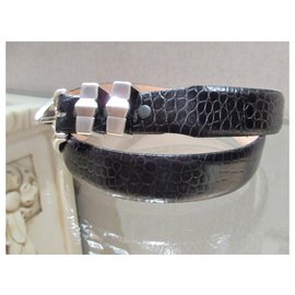 Autre Marque-Alligator embossed leather belt with silver-plated buckle-Black