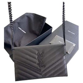 Yves Saint Laurent-pochette wallet,  cuir grain de poudre noir, chaine noir,  logo  YSL noir-Noir