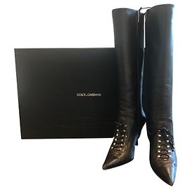 Dolce & Gabbana Black Leather Knee High Boots Black