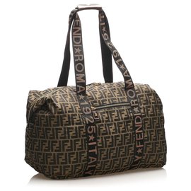 Fendi-Fendi Brown Zucca Nylon Travel Bag-Brown,Black