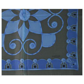 Lanvin-LANVIN 100% Silk Blue Floral Men's Pocket Square Scarf , Superb-Blue