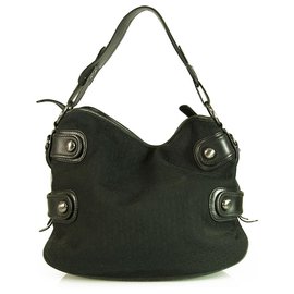 Donna Karan-Donna Karan DKNY Signature Canvas Black Leather Hobo Shoulder bag Handbag-Black