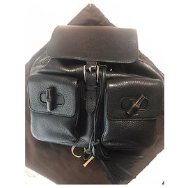 Gucci Black Leader Bamboo Leather Backpack Black