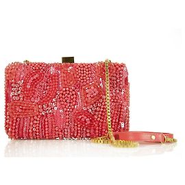 Elie Saab Coral Color Small Embroidered Clutch Evening Bag Handbag w Long strap Coral