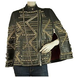 Capa / jaqueta de couro preto Philipp Plein coberta com tachas e pontas douradas sz M Preto