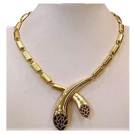 Superbe Collier vintage Nina Ricci en plaque or 22k et Email noir Bijouterie dorée