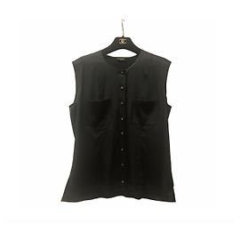 Bella seta elasticizzata 90s top Chanel senza maniche Nero
