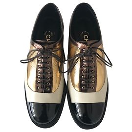 Chanel Scarpe Derby Brogue Stringate Marrone Nero D'oro Crema
