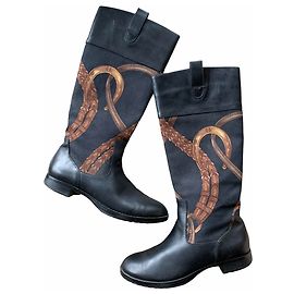Ralph Lauren Black Leather and Cloth Boots Black