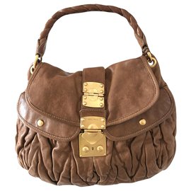 Miu Miu-Sac à main en cuir Coffer-Caramel,Bijouterie dorée