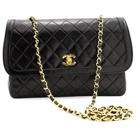 Chanel-CHANEL Bolso de hombro con cadena Single Flap Piel de cordero acolchada negra-Negro