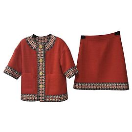 Gucci Red Tweed Trimed jacket Skirt Suit Tg.36 Multicolore