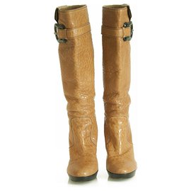 Fendi-Fendi Caramel Brown Pebbled Leather B Buckle Pull On Boots Heels Shoes size 37-Light brown