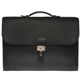 Hermès-Splendid Hermès men's bag Dispatch bag in black Fjord leather with silver metal hardware-Black