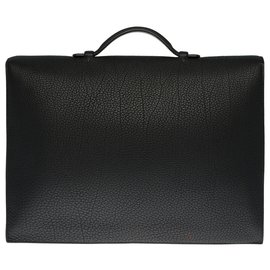 Hermès-Splendid Hermès men's bag Dispatch bag in black Fjord leather with silver metal hardware-Black