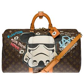 Exceptional Louis Vuitton Keepall travel bag 50 custom monogram canvas shoulder strap "Mickey Vs Stormstrooper" by artist PatBo Brown