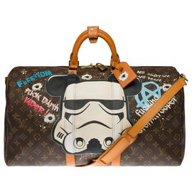 Louis Vuitton-Eccezionale borsa da viaggio Louis Vuitton Keepall 50 tracolla in tela monogramma personalizzata "Mickey Vs Stormstrooper" dell'artista PatBo-Marrone