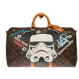 Louis Vuitton-Exceptional Louis Vuitton Keepall travel bag 50 custom monogram canvas shoulder strap "Mickey Vs Stormstrooper" by artist PatBo-Brown