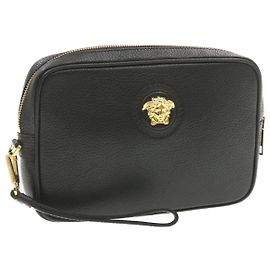 GIANNI VERSACE Medusa Clutch Bag Schwarzes Leder Auth br299 Schwarz