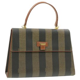 Fendi-FENDI Sac à main en toile Pequin en cuir PVC marron noir Auth br143-Marron,Noir