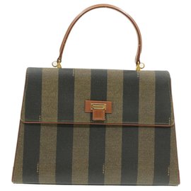 Fendi-FENDI Sac à main en toile Pequin en cuir PVC marron noir Auth br143-Marron,Noir