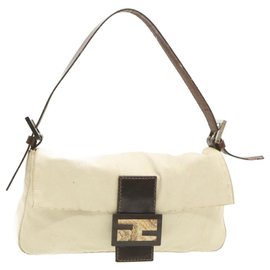 Fendi-FENDI Mamma Baguette Shoulder Bag White Brown Auth rd1281-Brown,White