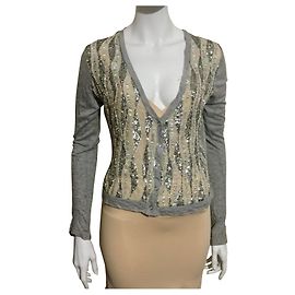 Baum und Pferdgarten Perlenbesetzte und bestickte Strickjacke Grau Metallisch