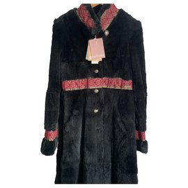 John Galliano-manteau long en vraie fourrure de lapin-Noir
