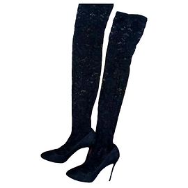 Dolce & Gabbana Floral Lace Over the knee Boots Black