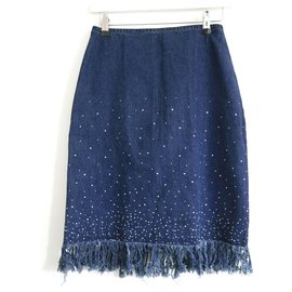 Fendi-Vintage Rhinestone Trim Denim Skirt-Blue