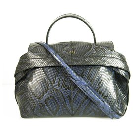 Tod's-TODS Wave blue black snakeskin large satchel top handle crossbody bag-Black,Blue