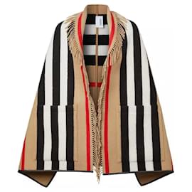 Burberry-BURBERRY CAPE PONCHO jacquard laine cachemire CUIR Like New SOULD OUT-Bege