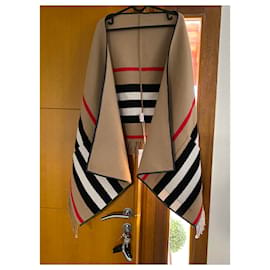 Burberry-BURBERRY CAPE PONCHO jacquard laine cachemire CUIR Like New SOULD OUT-Beige