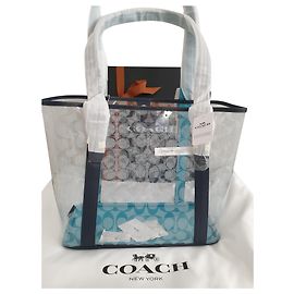 Coach Small Ferry Tote em Signature Clear Canvas Azul Azul marinho Hardware prateado