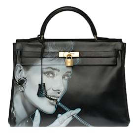 Hermès-Hermosa bolsa Hermes Kelly 35 en cuero negro box personalizado "Audrey Hepburn"-Negro