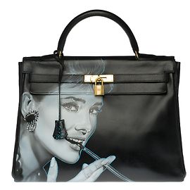 Superbe sac Hermès Kelly 35 en cuir box noir customisé "Audrey Hepburn" Noir