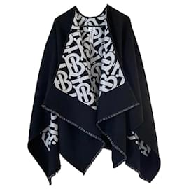 Burberry-Mantella poncho jacquard monogramma TB London BURBERRY NERO BIANCO REVERSIBILE-Nero