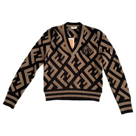 Fendi-FENDI V NECK SWEATER WITH FF LOGO 36fr-Brown