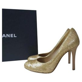Chanel-CHANEL Ouro Lantejoulas Salto Sapatos Sz.38,5 auth-Dourado