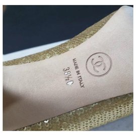 Chanel-CHANEL Gold Pailletten Absätze Schuhe Gr.38,5 Auth-Golden