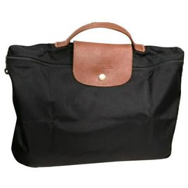 Longchamp-Longchamp Pliage briefcase bag-Black,Beige